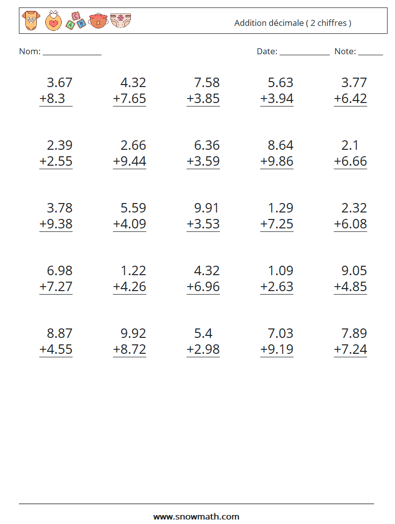 (25) Addition décimale ( 2 chiffres ) Fiches d'Exercices de Mathématiques 15