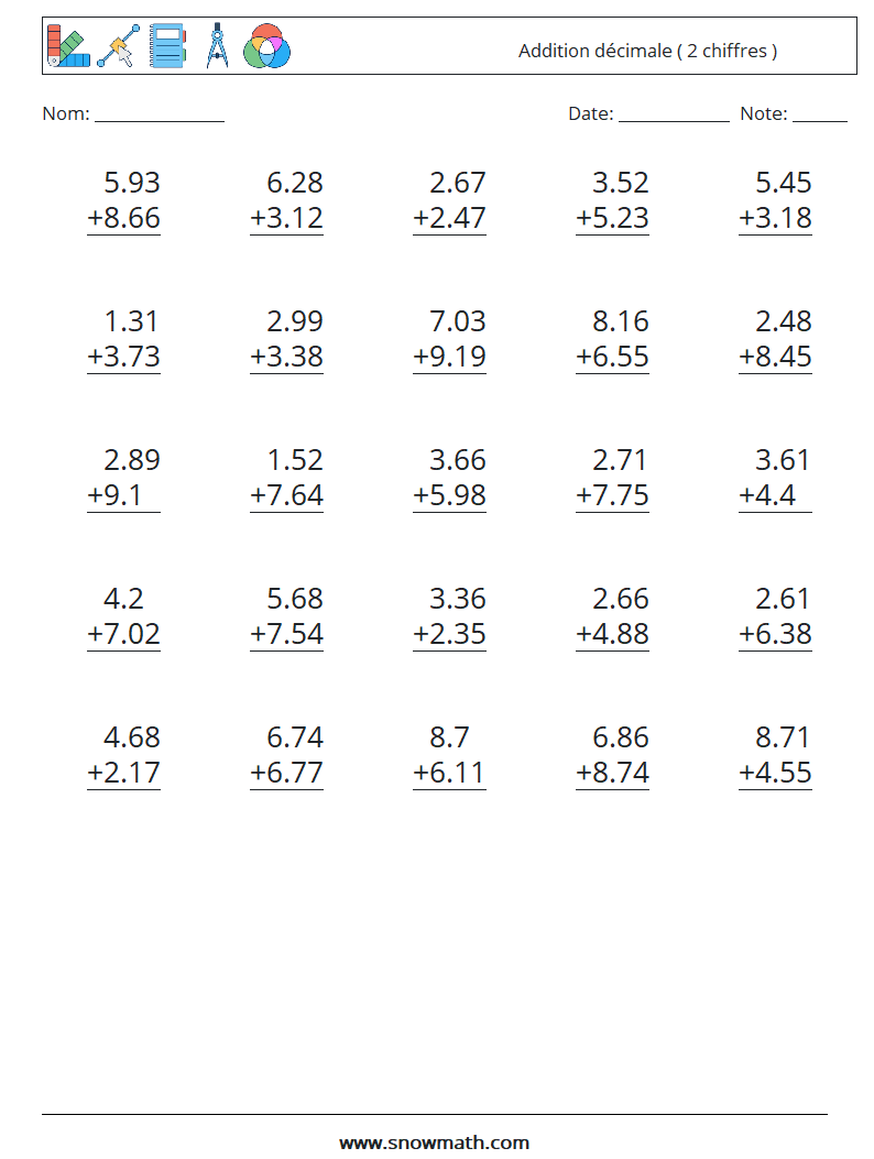 (25) Addition décimale ( 2 chiffres ) Fiches d'Exercices de Mathématiques 16