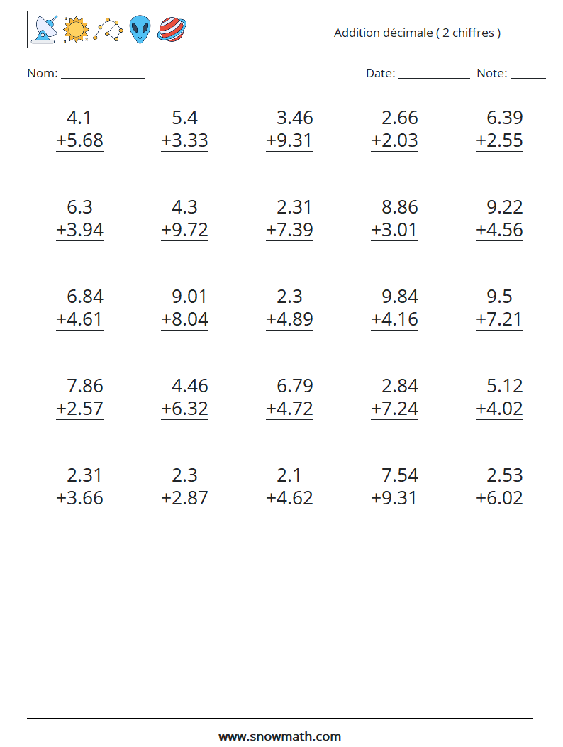 (25) Addition décimale ( 2 chiffres ) Fiches d'Exercices de Mathématiques 17