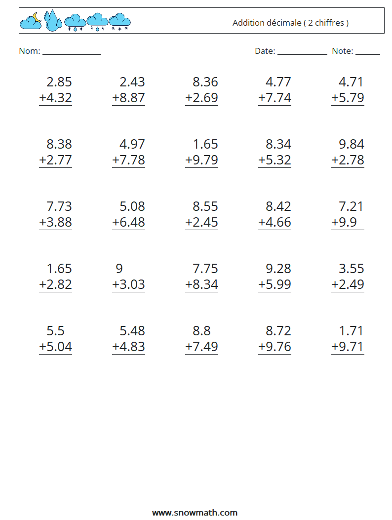 (25) Addition décimale ( 2 chiffres ) Fiches d'Exercices de Mathématiques 18