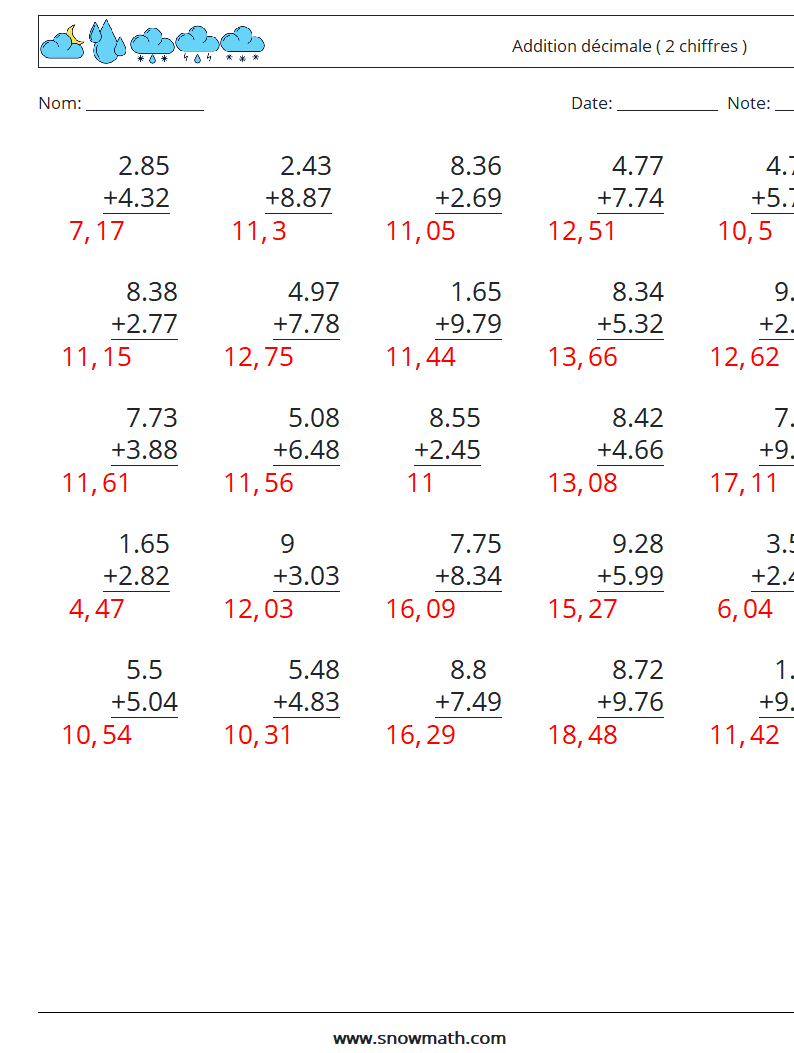 (25) Addition décimale ( 2 chiffres ) Fiches d'Exercices de Mathématiques 18 Question, Réponse