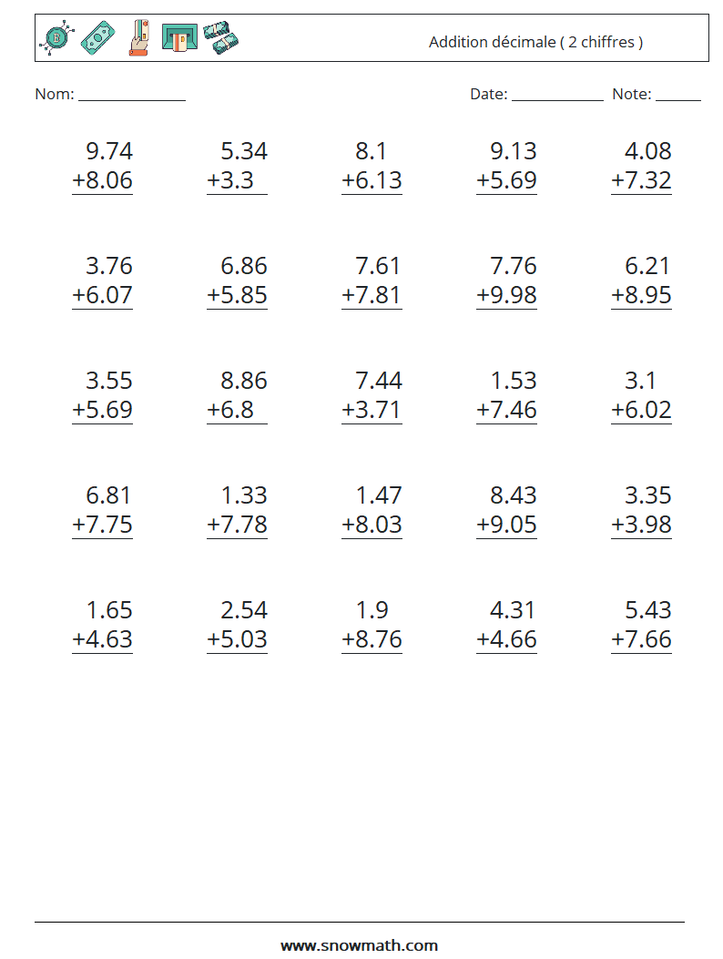 (25) Addition décimale ( 2 chiffres ) Fiches d'Exercices de Mathématiques 2