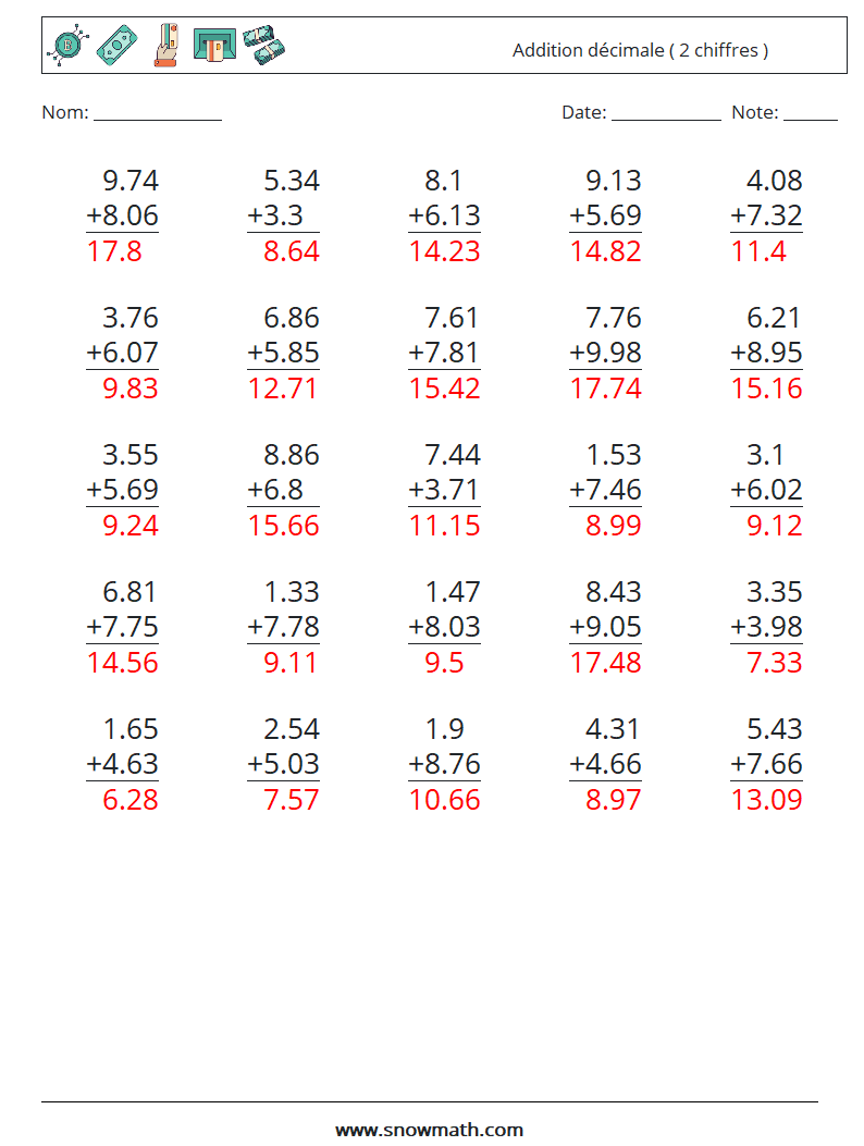 (25) Addition décimale ( 2 chiffres ) Fiches d'Exercices de Mathématiques 2 Question, Réponse