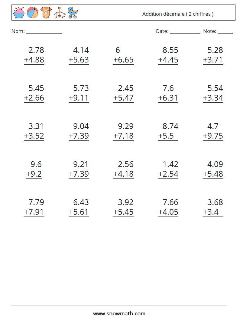 (25) Addition décimale ( 2 chiffres ) Fiches d'Exercices de Mathématiques 3