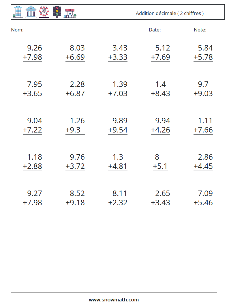 (25) Addition décimale ( 2 chiffres ) Fiches d'Exercices de Mathématiques 4