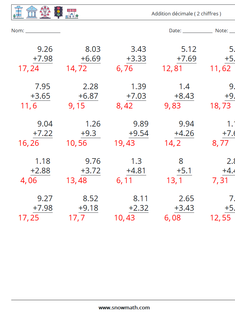 (25) Addition décimale ( 2 chiffres ) Fiches d'Exercices de Mathématiques 4 Question, Réponse