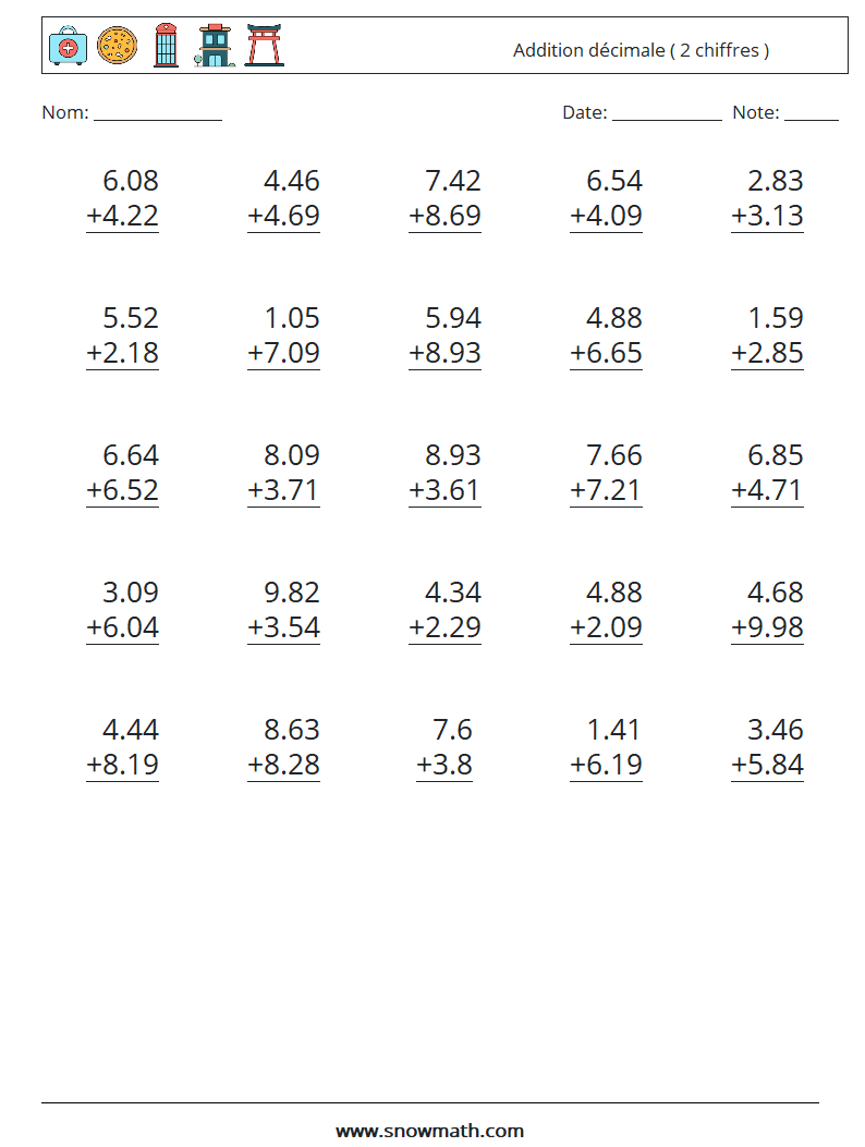 (25) Addition décimale ( 2 chiffres ) Fiches d'Exercices de Mathématiques 5