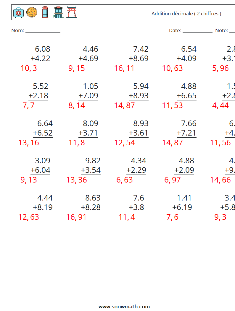 (25) Addition décimale ( 2 chiffres ) Fiches d'Exercices de Mathématiques 5 Question, Réponse