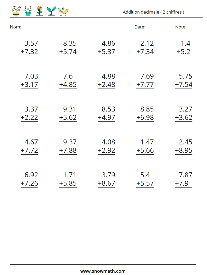 (25) Addition décimale ( 2 chiffres ) Fiches d'Exercices de Mathématiques 6