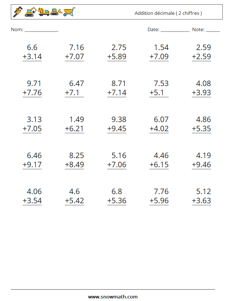 (25) Addition décimale ( 2 chiffres ) Fiches d'Exercices de Mathématiques 7