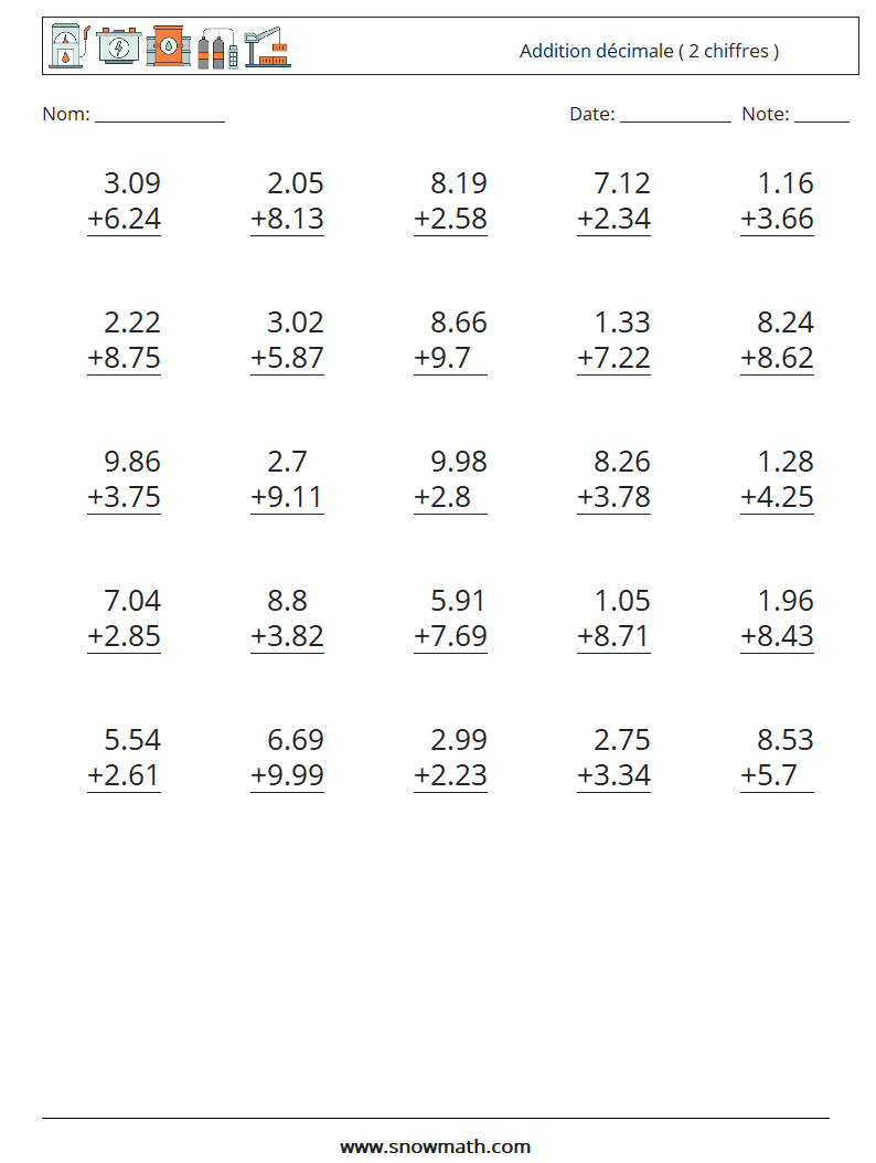 (25) Addition décimale ( 2 chiffres ) Fiches d'Exercices de Mathématiques 8