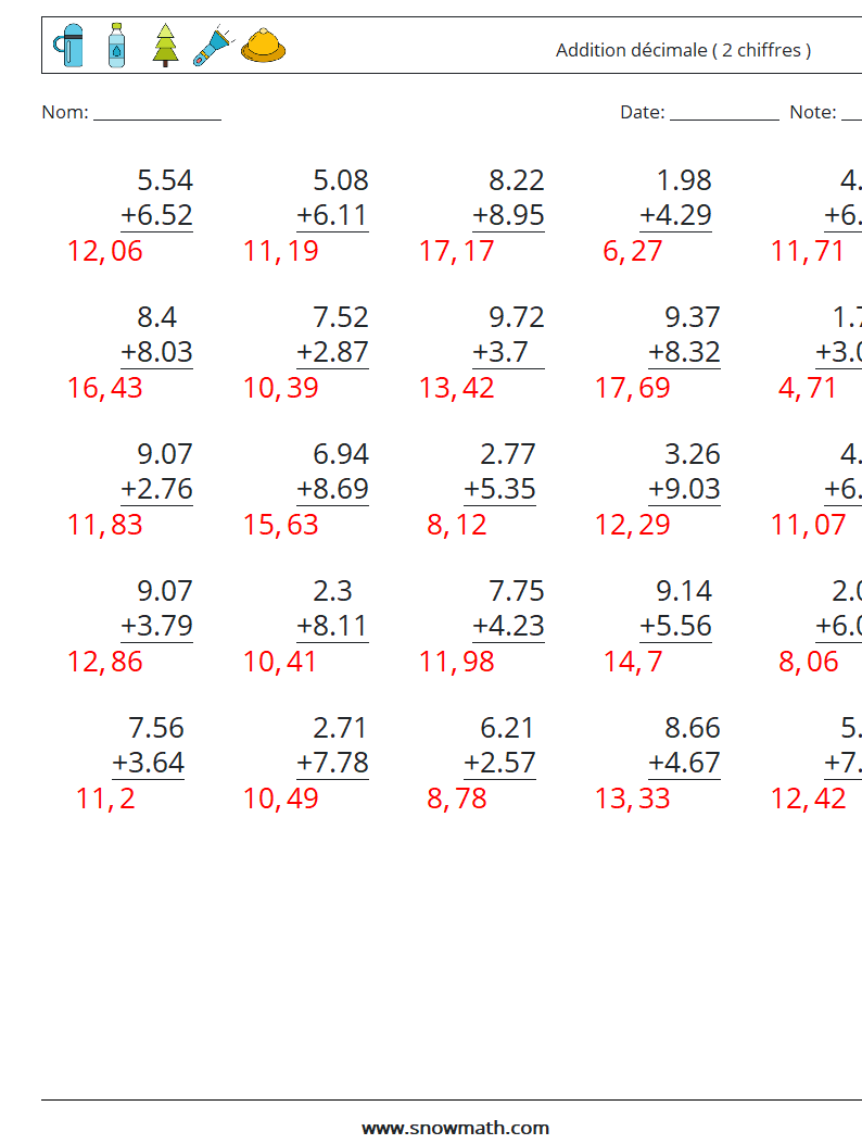 (25) Addition décimale ( 2 chiffres ) Fiches d'Exercices de Mathématiques 9 Question, Réponse