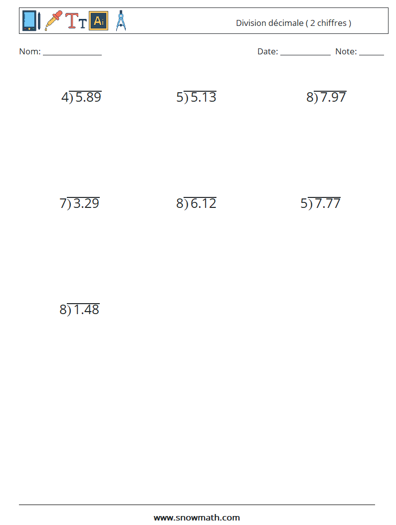(12) Division décimale ( 2 chiffres ) Fiches d'Exercices de Mathématiques 1