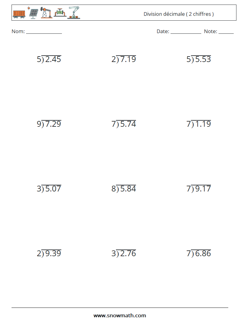 (12) Division décimale ( 2 chiffres ) Fiches d'Exercices de Mathématiques 10