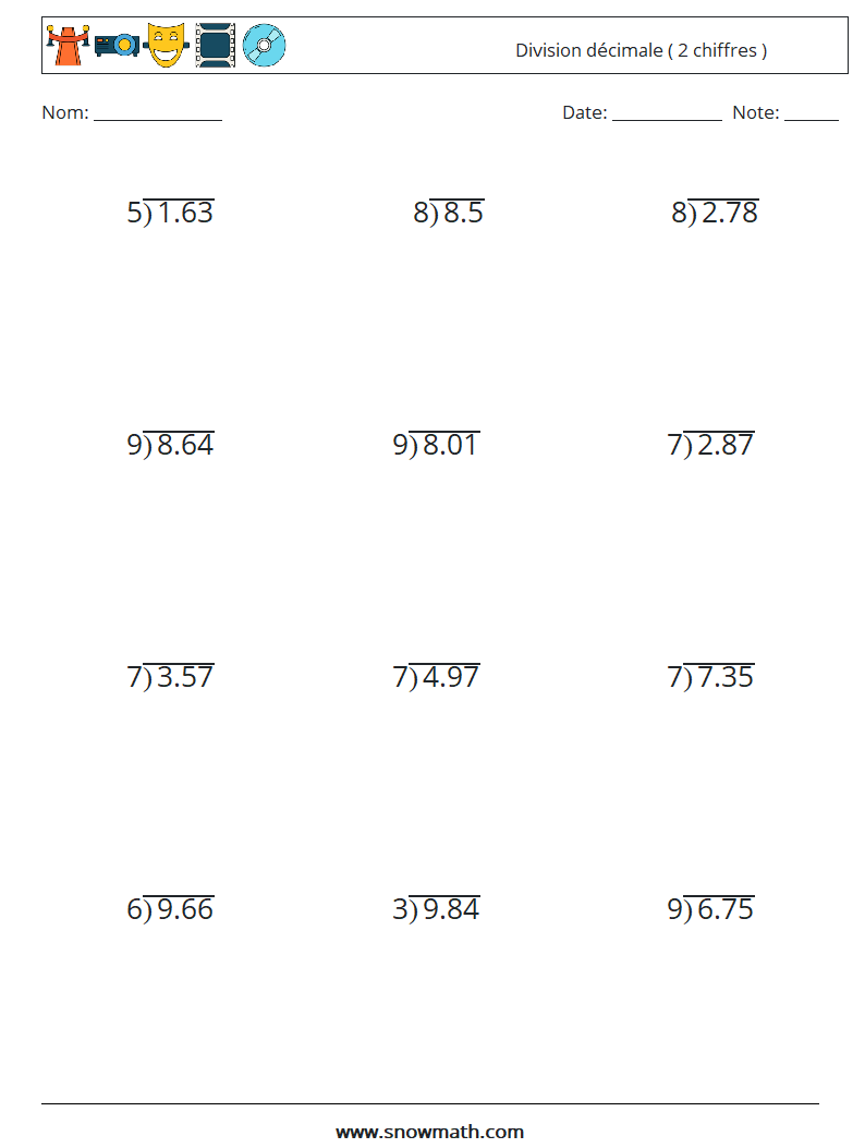 (12) Division décimale ( 2 chiffres ) Fiches d'Exercices de Mathématiques 11