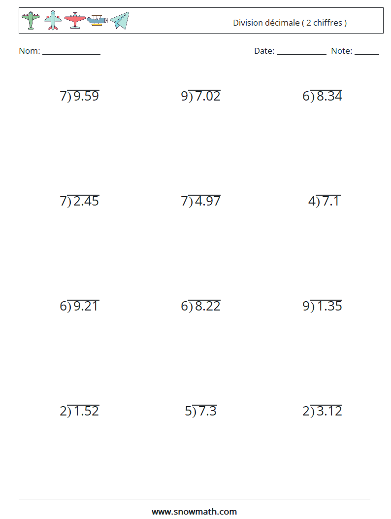 (12) Division décimale ( 2 chiffres ) Fiches d'Exercices de Mathématiques 12