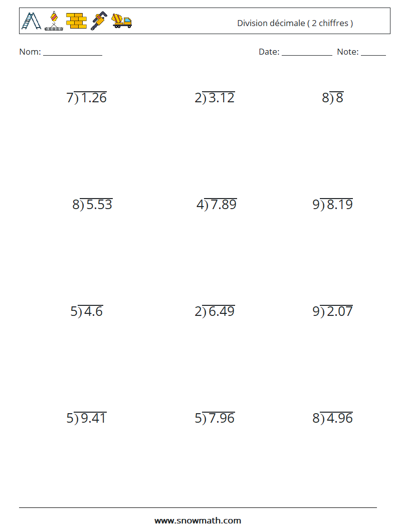 (12) Division décimale ( 2 chiffres ) Fiches d'Exercices de Mathématiques 13