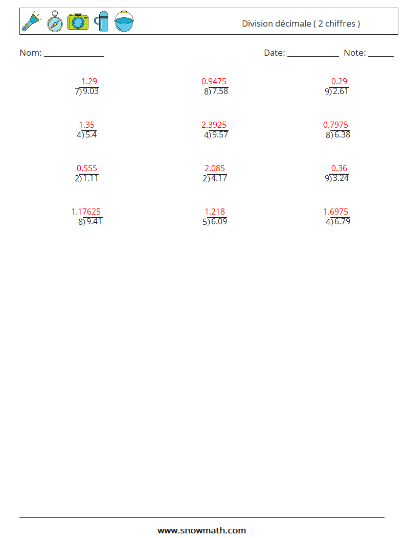 (12) Division décimale ( 2 chiffres ) Fiches d'Exercices de Mathématiques 16 Question, Réponse