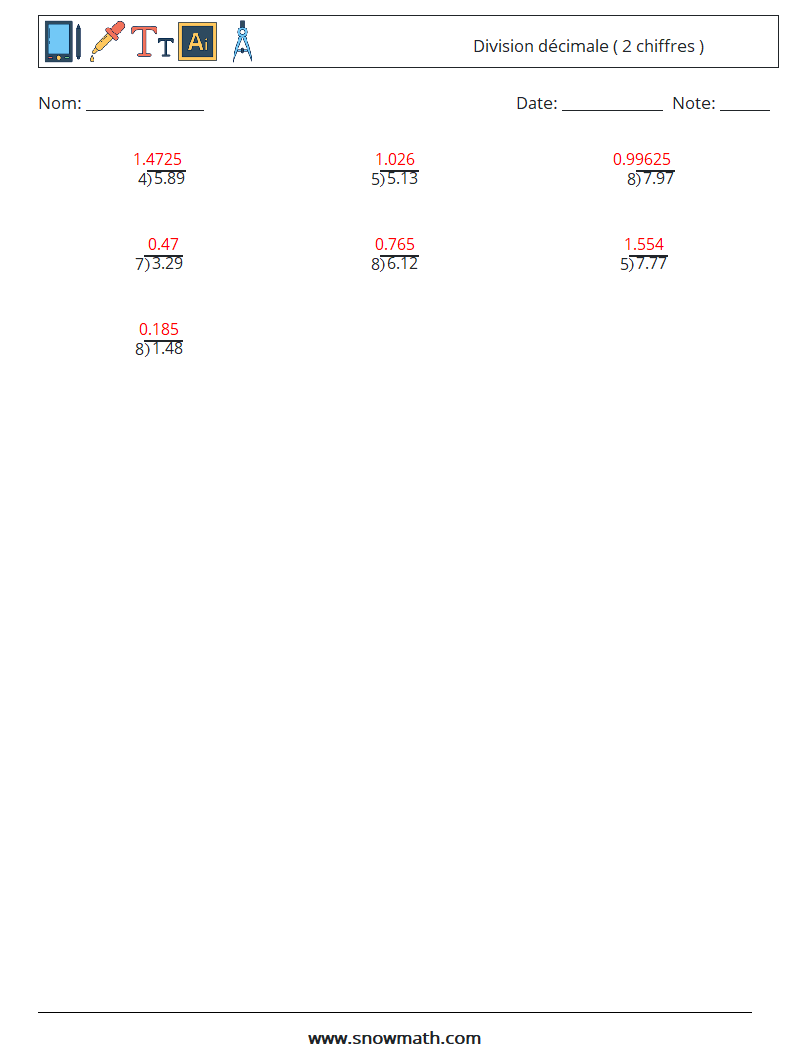 (12) Division décimale ( 2 chiffres ) Fiches d'Exercices de Mathématiques 1 Question, Réponse