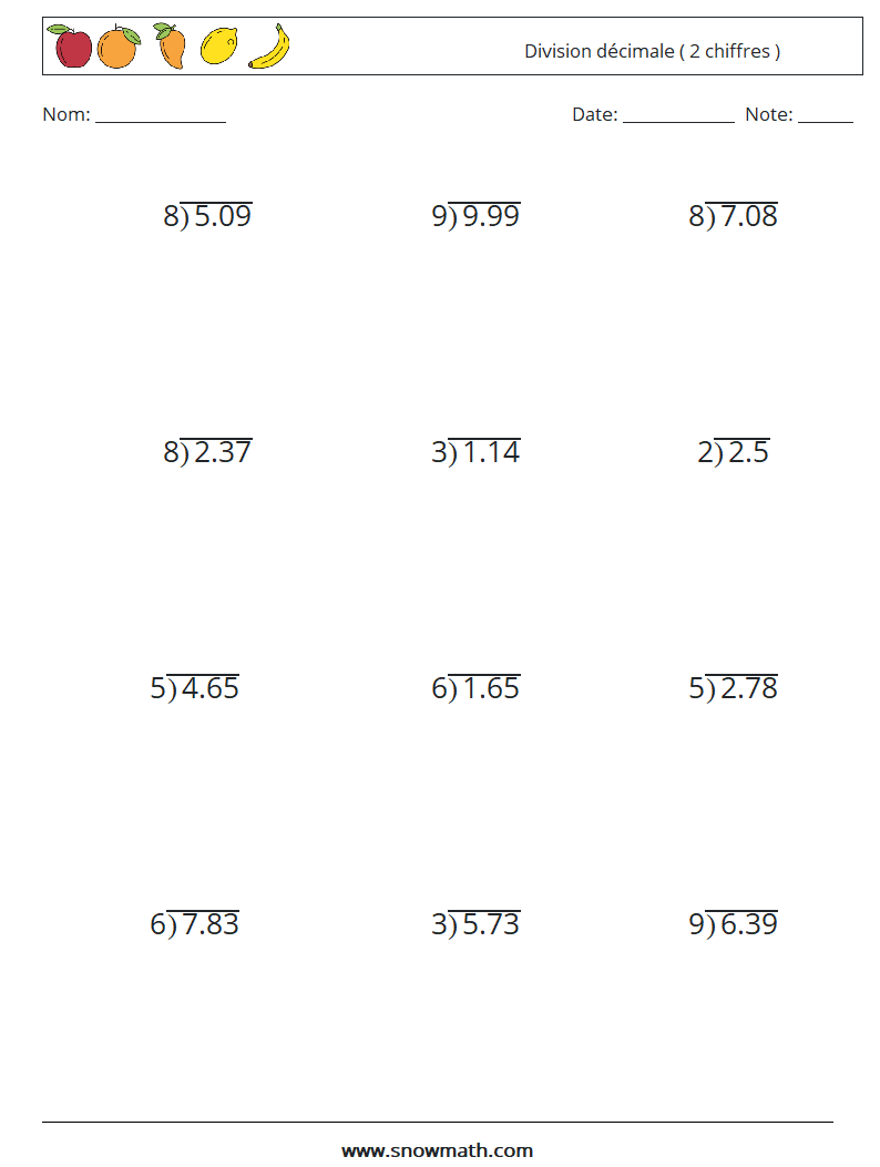 (12) Division décimale ( 2 chiffres ) Fiches d'Exercices de Mathématiques 3