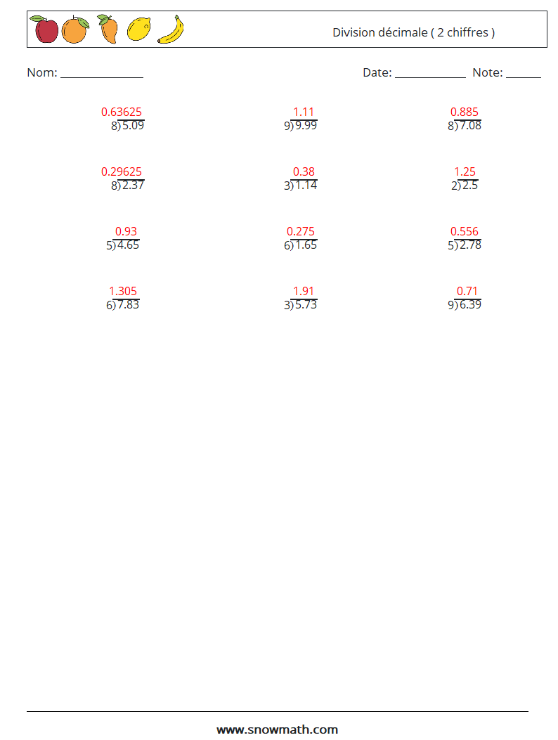 (12) Division décimale ( 2 chiffres ) Fiches d'Exercices de Mathématiques 3 Question, Réponse