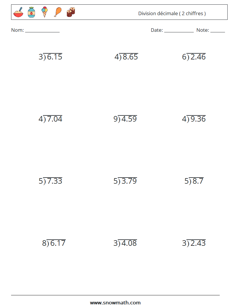 (12) Division décimale ( 2 chiffres ) Fiches d'Exercices de Mathématiques 7