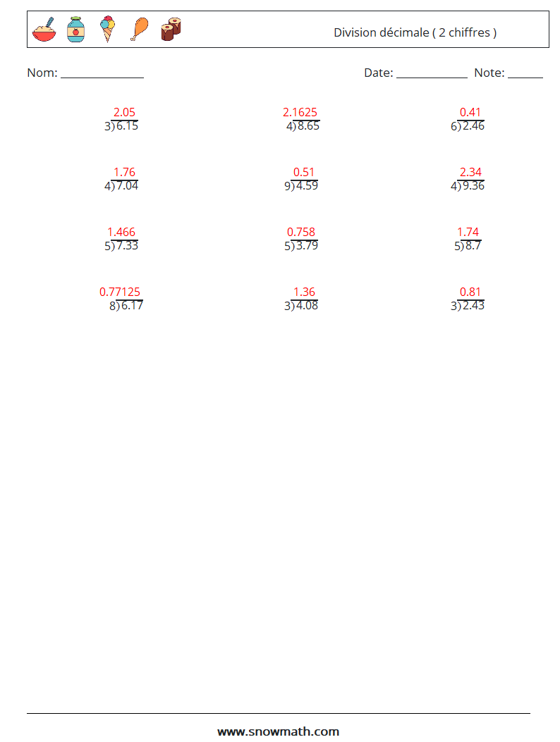 (12) Division décimale ( 2 chiffres ) Fiches d'Exercices de Mathématiques 7 Question, Réponse