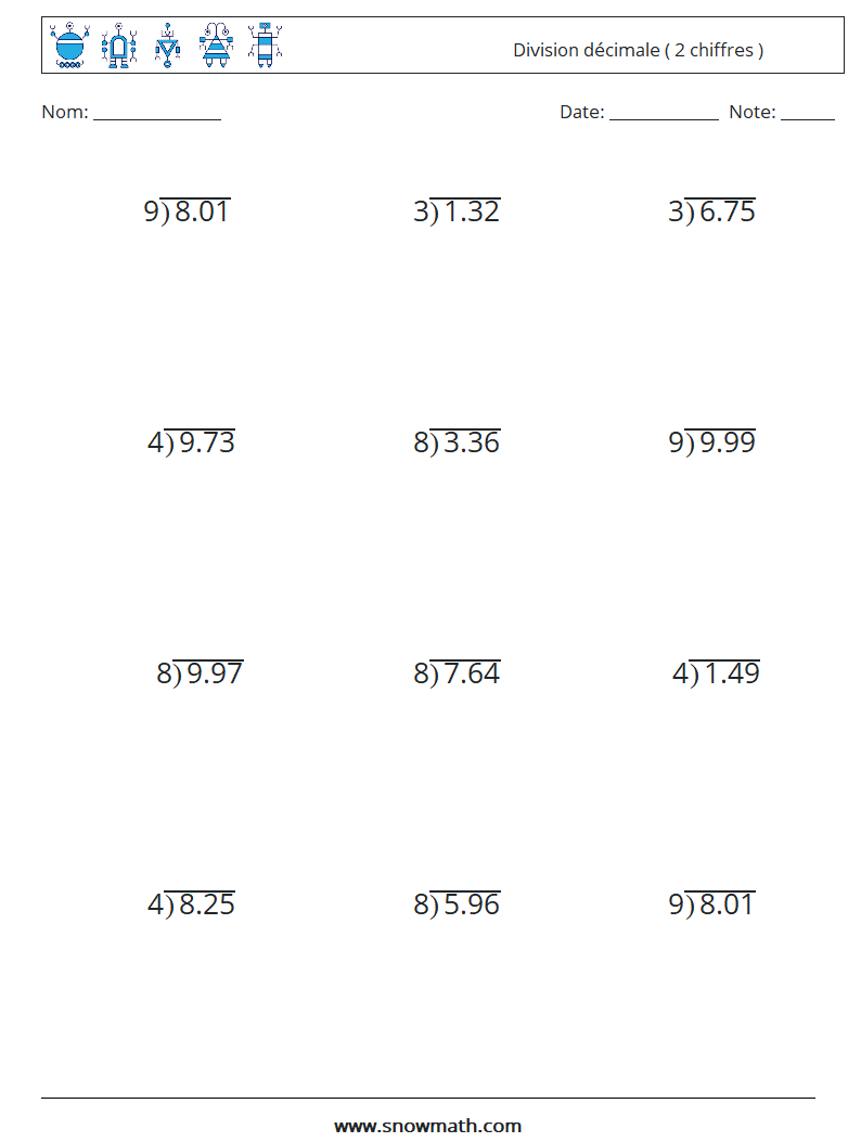 (12) Division décimale ( 2 chiffres ) Fiches d'Exercices de Mathématiques 8