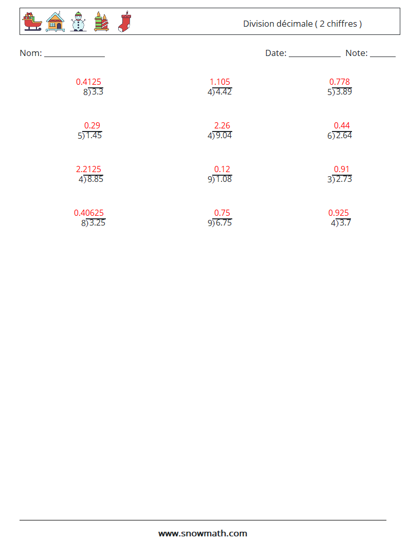 (12) Division décimale ( 2 chiffres ) Fiches d'Exercices de Mathématiques 9 Question, Réponse