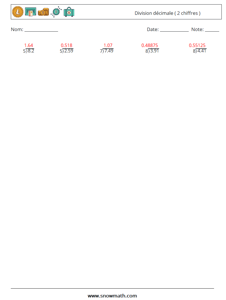 (25) Division décimale ( 2 chiffres ) Fiches d'Exercices de Mathématiques 10 Question, Réponse