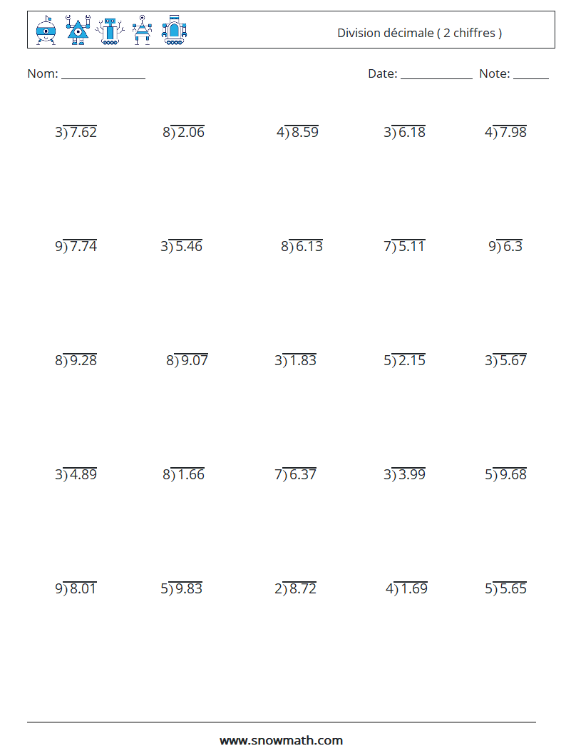 (25) Division décimale ( 2 chiffres ) Fiches d'Exercices de Mathématiques 11