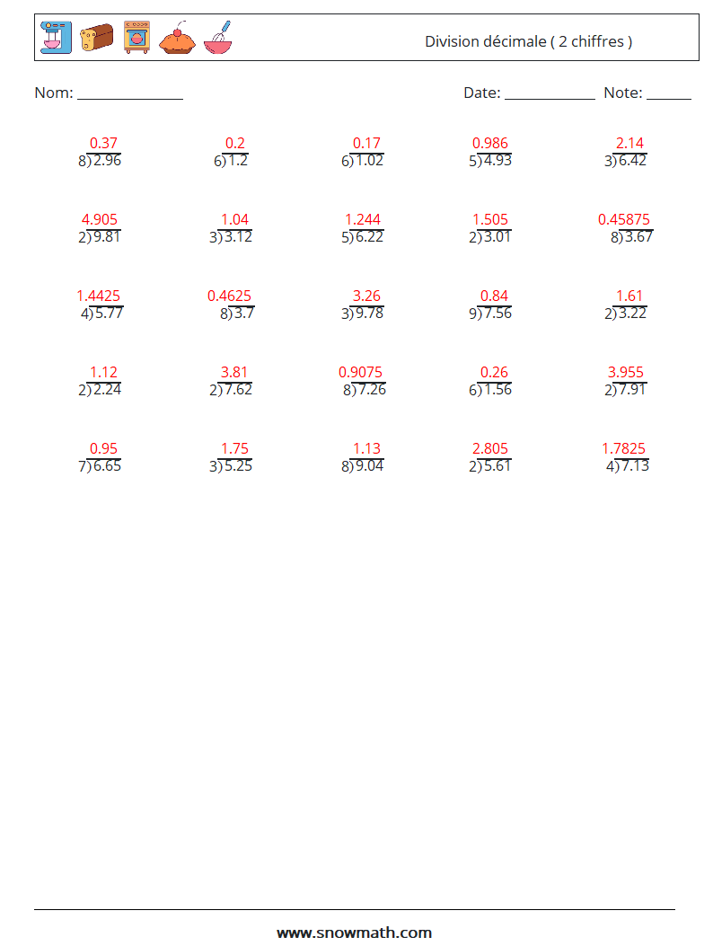 (25) Division décimale ( 2 chiffres ) Fiches d'Exercices de Mathématiques 13 Question, Réponse