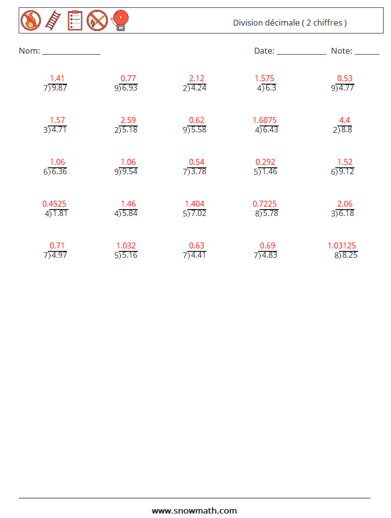 (25) Division décimale ( 2 chiffres ) Fiches d'Exercices de Mathématiques 2 Question, Réponse