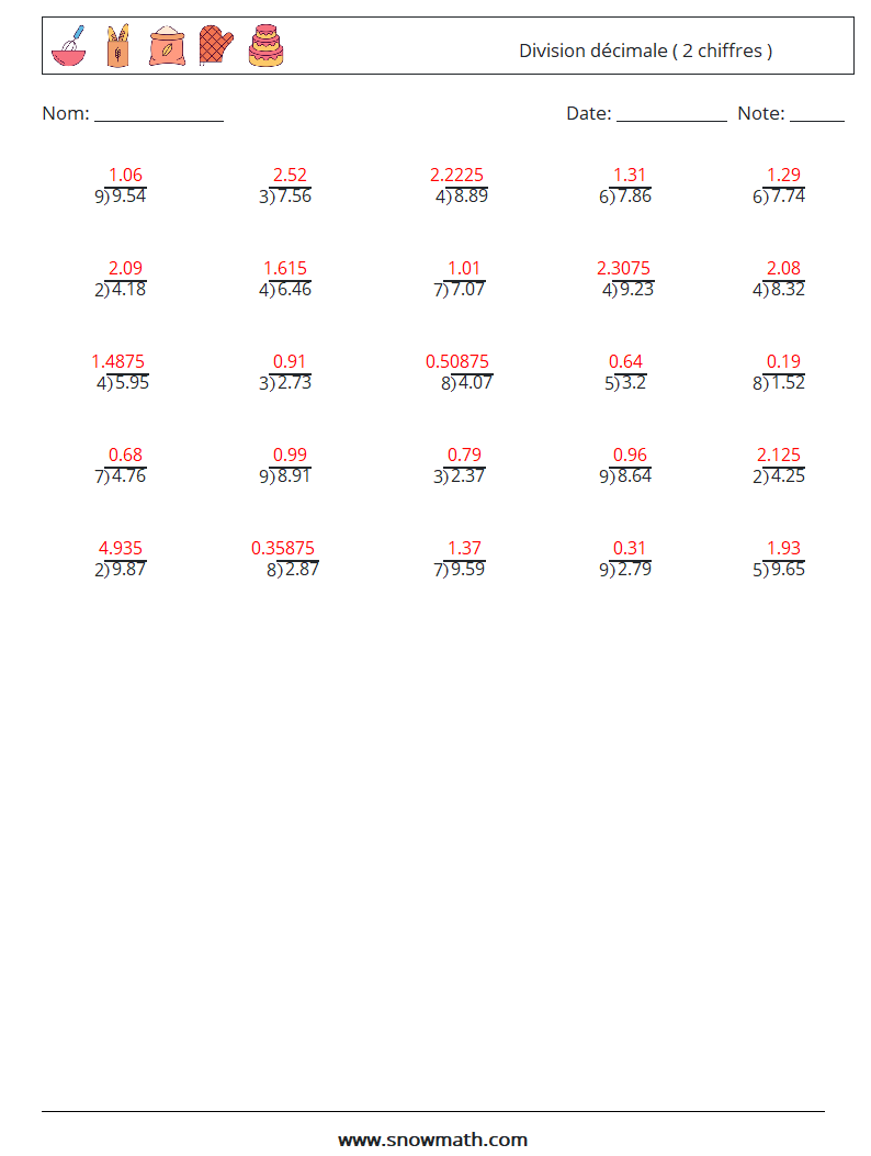 (25) Division décimale ( 2 chiffres ) Fiches d'Exercices de Mathématiques 3 Question, Réponse