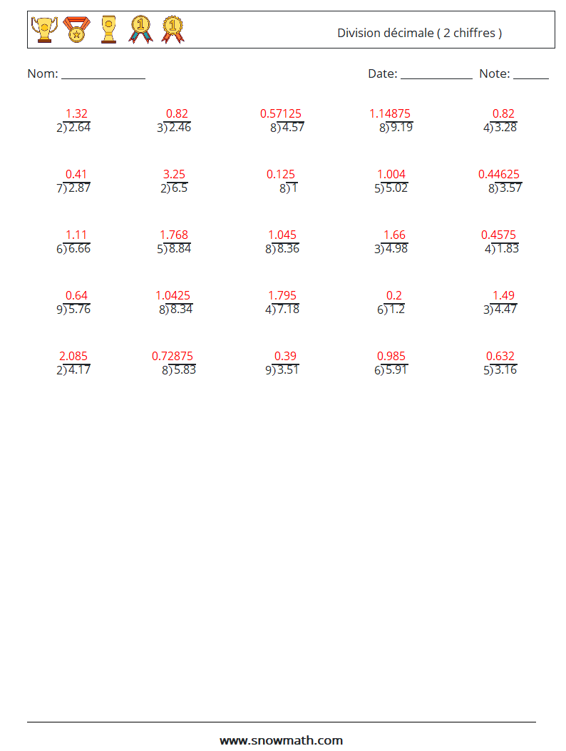 (25) Division décimale ( 2 chiffres ) Fiches d'Exercices de Mathématiques 4 Question, Réponse