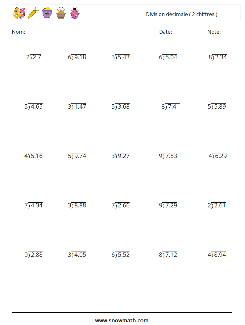 (25) Division décimale ( 2 chiffres ) Fiches d'Exercices de Mathématiques 7