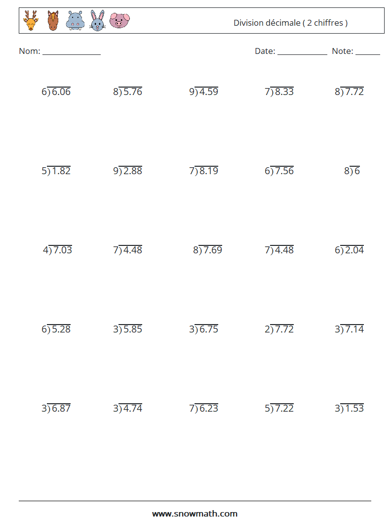 (25) Division décimale ( 2 chiffres ) Fiches d'Exercices de Mathématiques 8