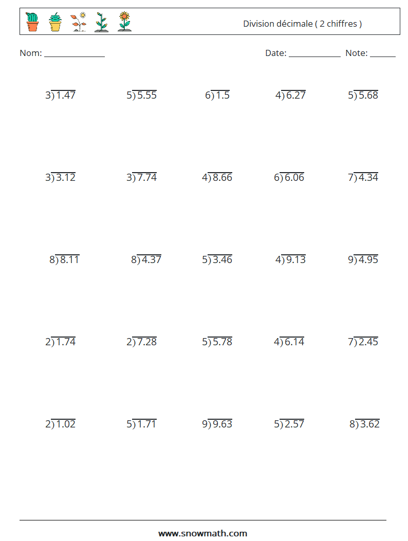 (25) Division décimale ( 2 chiffres ) Fiches d'Exercices de Mathématiques 9