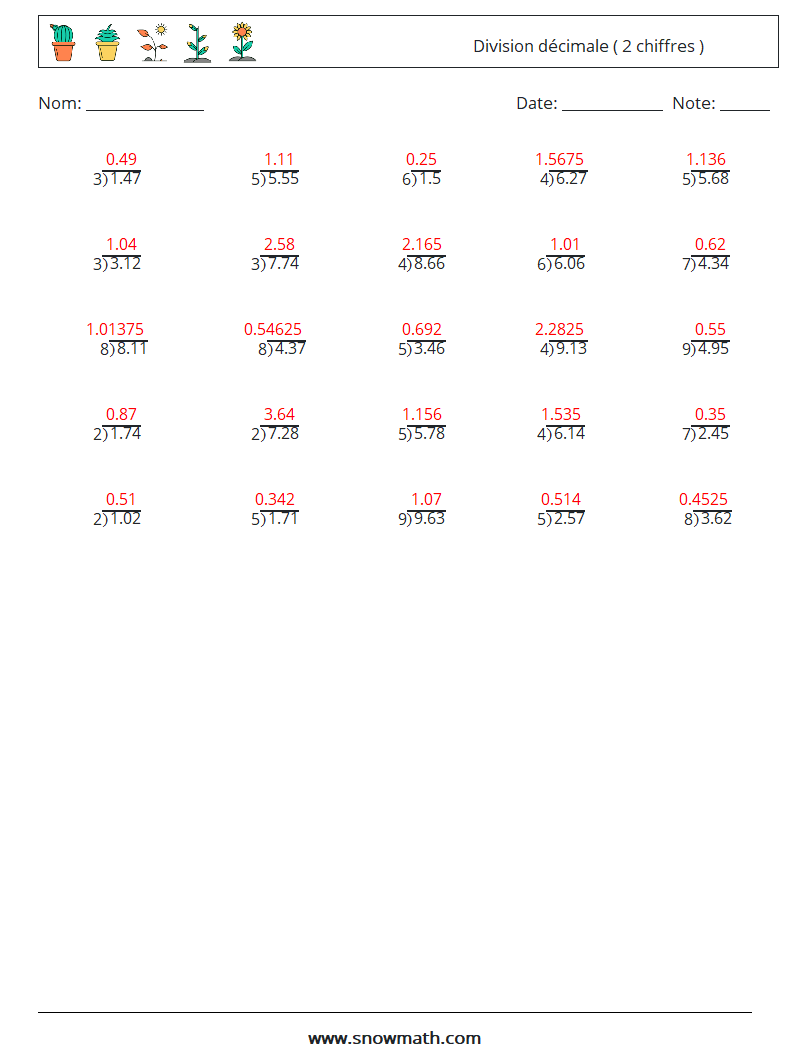 (25) Division décimale ( 2 chiffres ) Fiches d'Exercices de Mathématiques 9 Question, Réponse