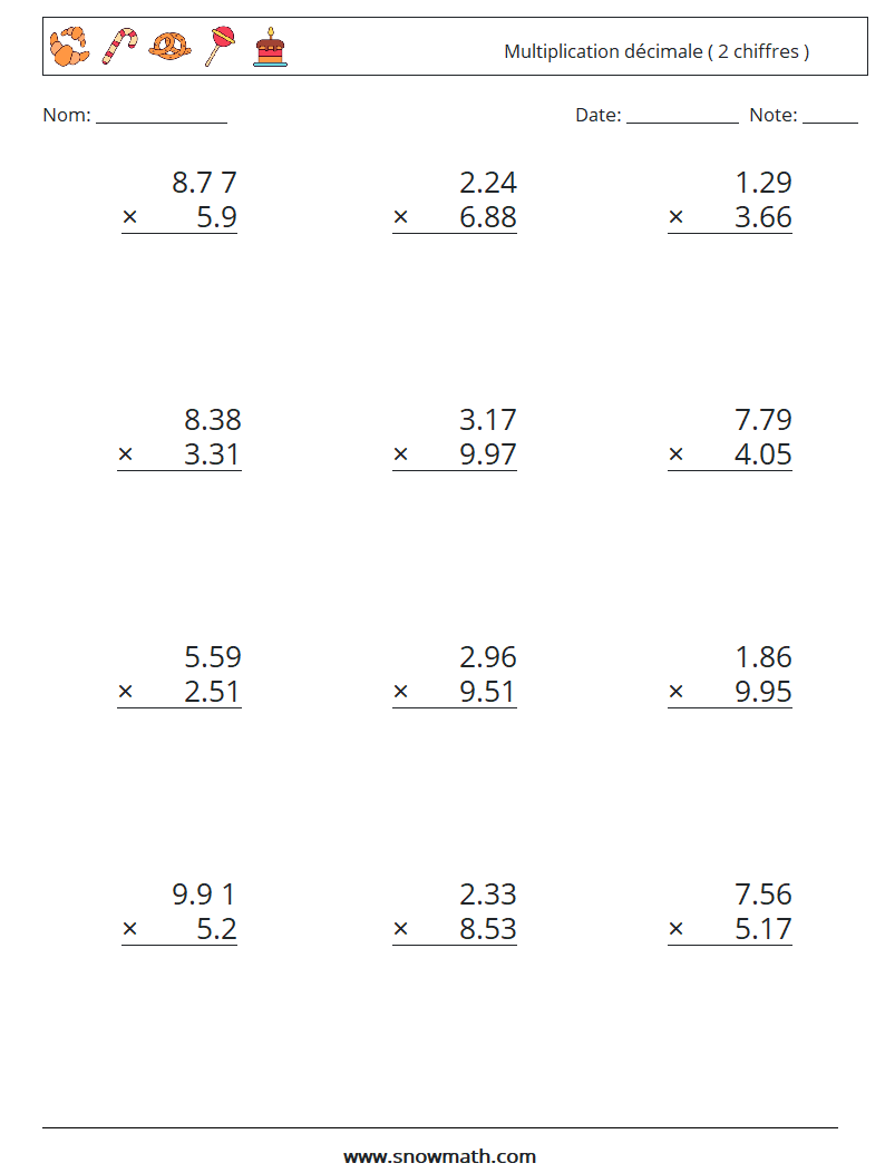 (12) Multiplication décimale ( 2 chiffres ) Fiches d'Exercices de Mathématiques 1