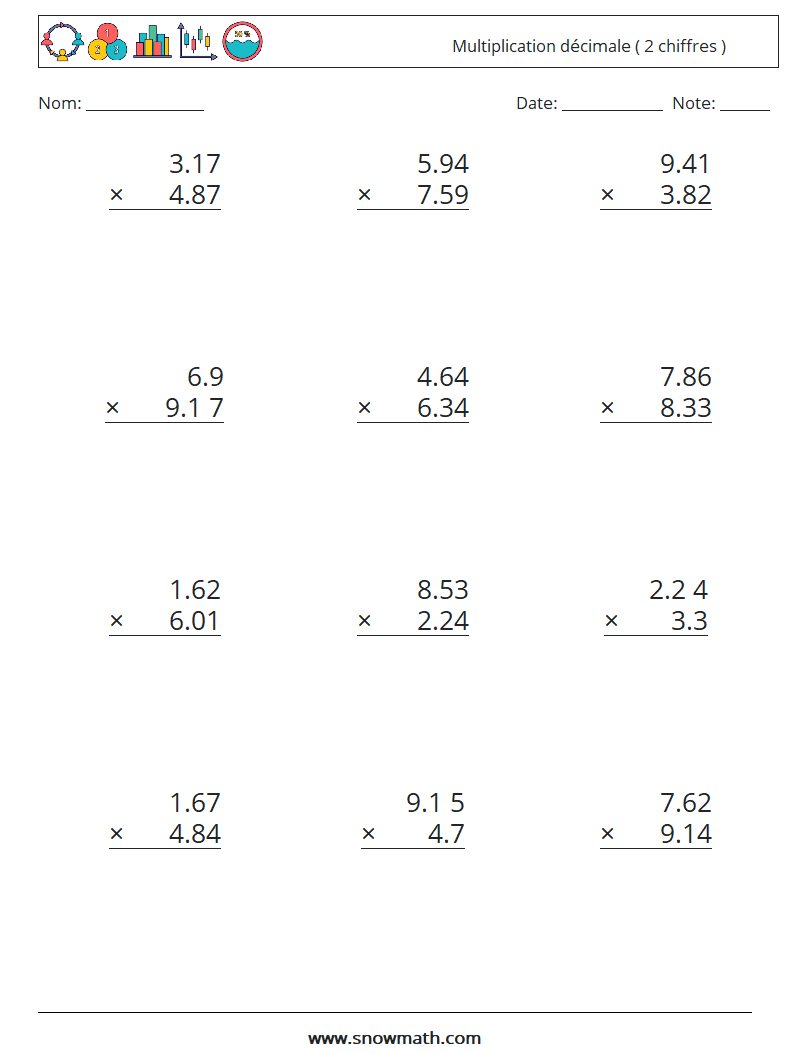 (12) Multiplication décimale ( 2 chiffres ) Fiches d'Exercices de Mathématiques 10