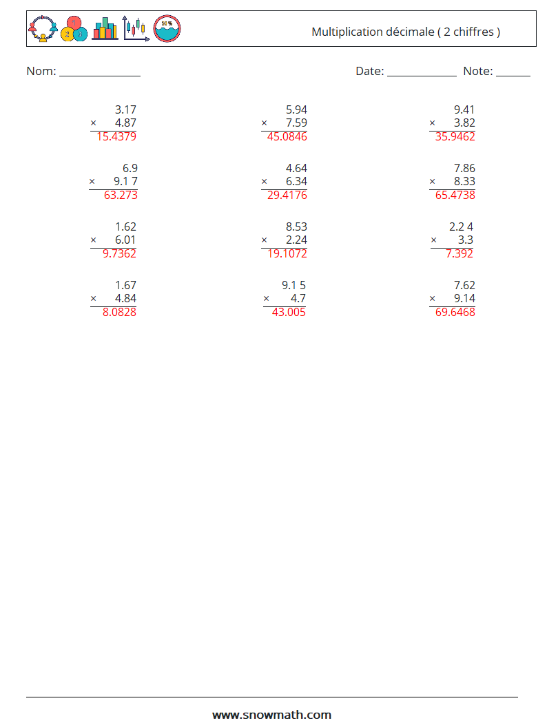 (12) Multiplication décimale ( 2 chiffres ) Fiches d'Exercices de Mathématiques 10 Question, Réponse