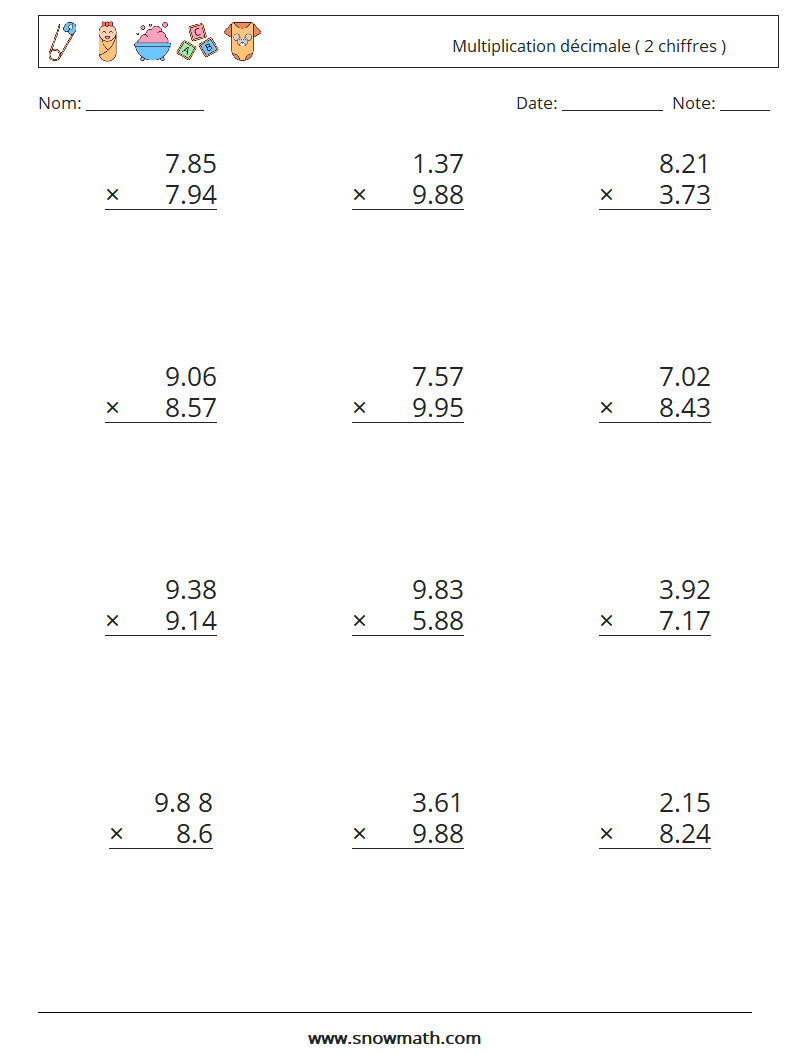 (12) Multiplication décimale ( 2 chiffres ) Fiches d'Exercices de Mathématiques 11