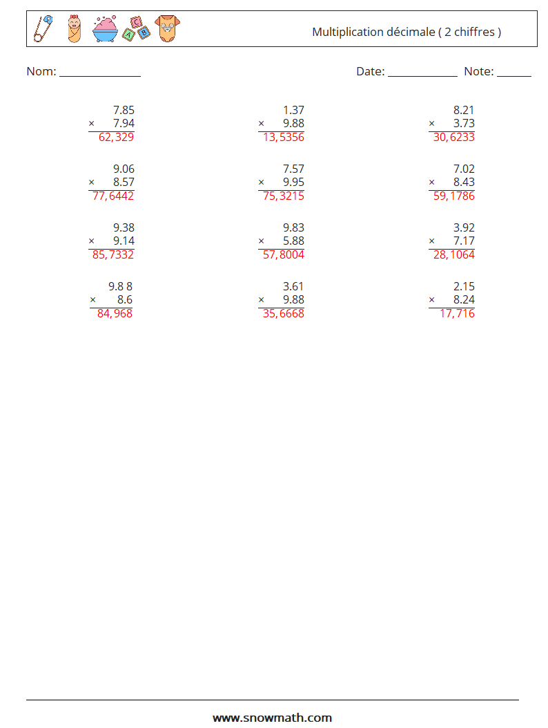 (12) Multiplication décimale ( 2 chiffres ) Fiches d'Exercices de Mathématiques 11 Question, Réponse