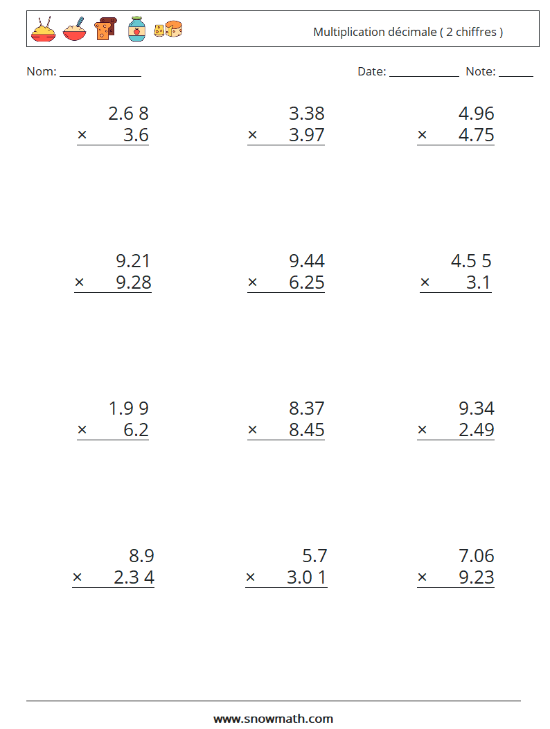 (12) Multiplication décimale ( 2 chiffres ) Fiches d'Exercices de Mathématiques 12