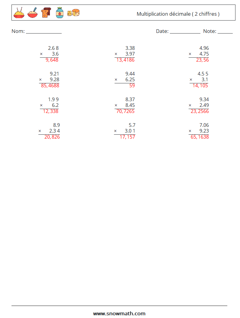 (12) Multiplication décimale ( 2 chiffres ) Fiches d'Exercices de Mathématiques 12 Question, Réponse