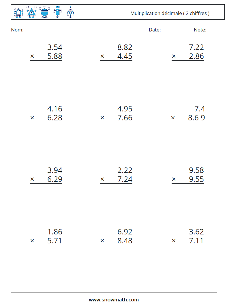 (12) Multiplication décimale ( 2 chiffres ) Fiches d'Exercices de Mathématiques 13