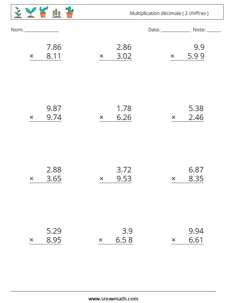 (12) Multiplication décimale ( 2 chiffres ) Fiches d'Exercices de Mathématiques 14