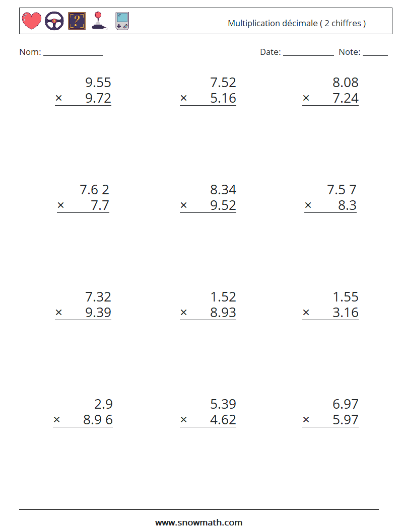 (12) Multiplication décimale ( 2 chiffres ) Fiches d'Exercices de Mathématiques 15