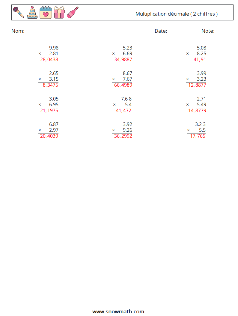 (12) Multiplication décimale ( 2 chiffres ) Fiches d'Exercices de Mathématiques 16 Question, Réponse